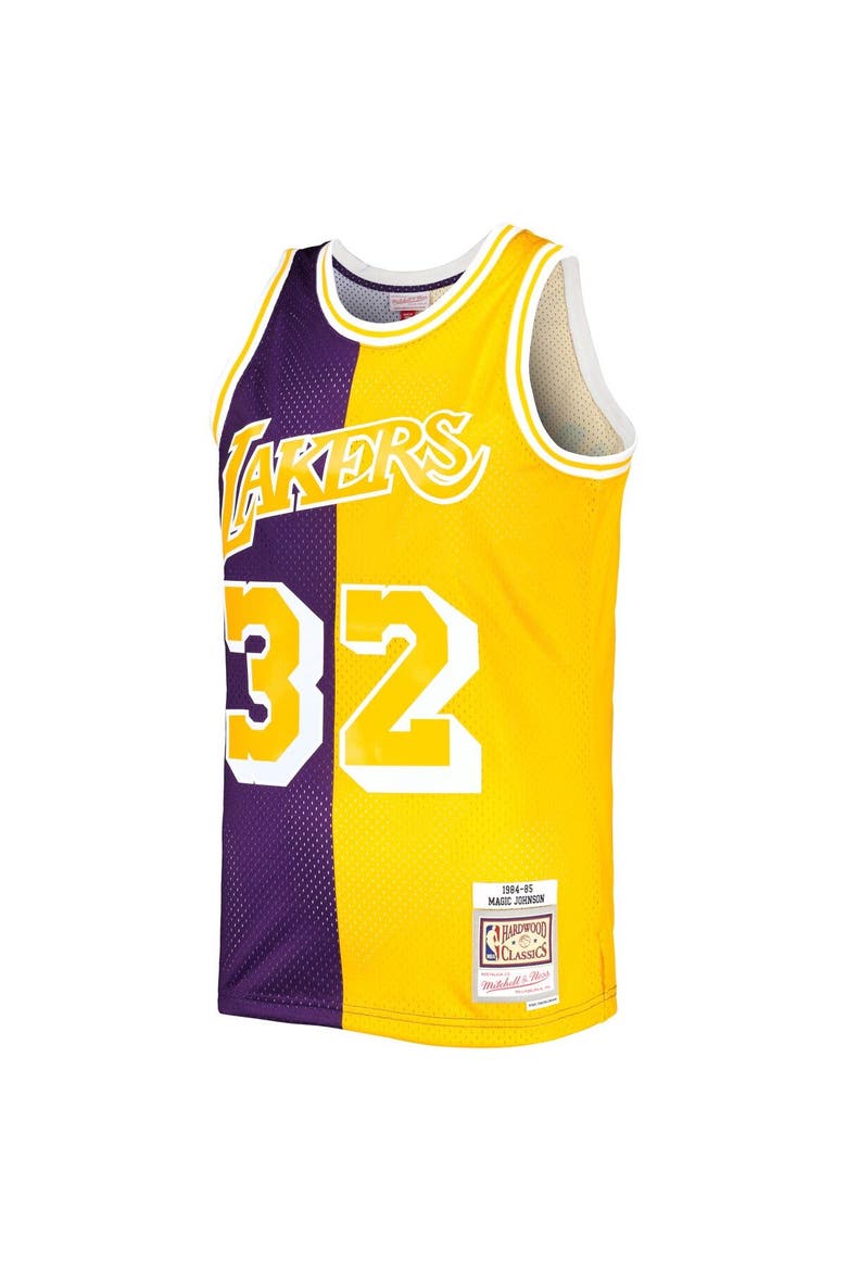 Men's Mitchell & Ness Magic Johnson Purple/Gold Los Angeles Lakers Hardwood Classics 1984/85 Split Swingman Jersey, Alternate, color, Purple