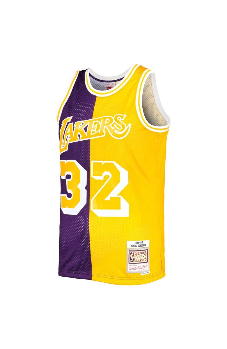 Mitchell & Ness Men's Mitchell & Ness Magic Johnson Purple/Gold Los Angeles Lakers Hardwood Classics 1984/85 Split Swingman Jersey, Alternate, color,