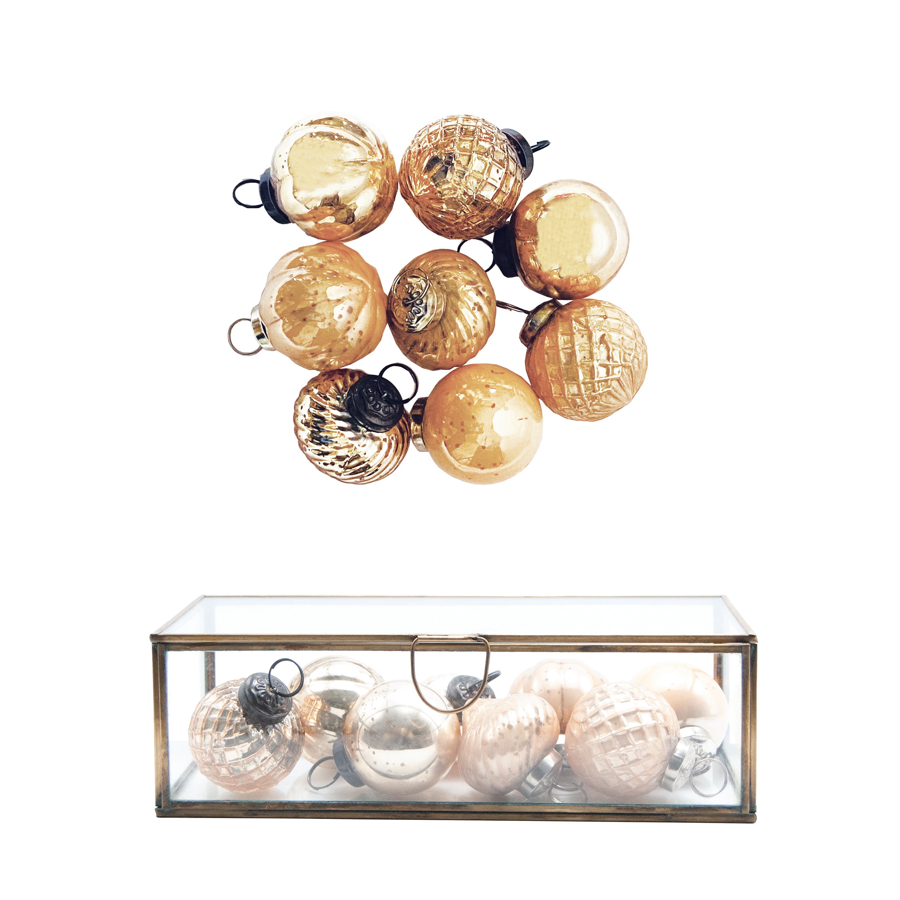 Storied Home Embossed Mercury Glass Ornaments in Brass and Glass Display Box, Antique Gold Finish and Blush at Nordstrom