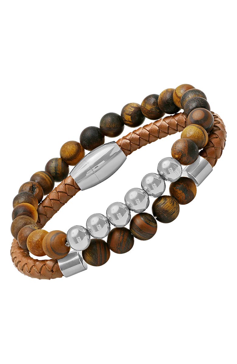 HMY JEWELRY Men's Set of 2 Beaded & Braided Leather Bracelets, Alternate, color, Silver/ Brown