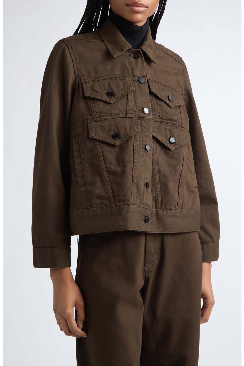 Double Pocket Boxy Cotton Denim Jacket, Alternate, color, DARK BROWN