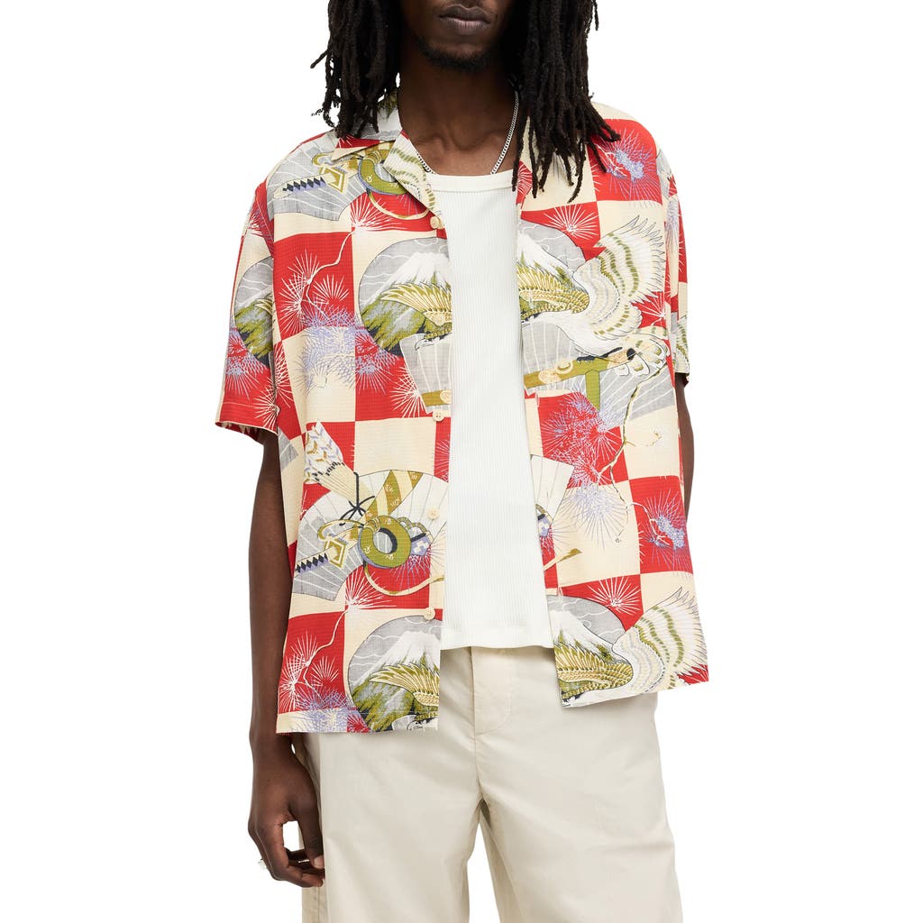 Allsaints Mens Electric Red Sebastian Graphic-print Woven Shirt In Electric Red
