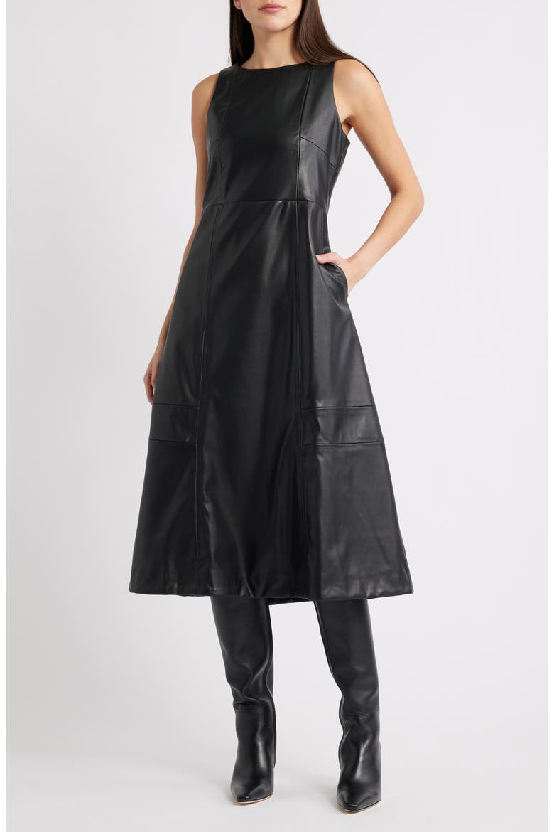 Structured Faux Leather Midi Dress, Main, color, RICH BLACK 060