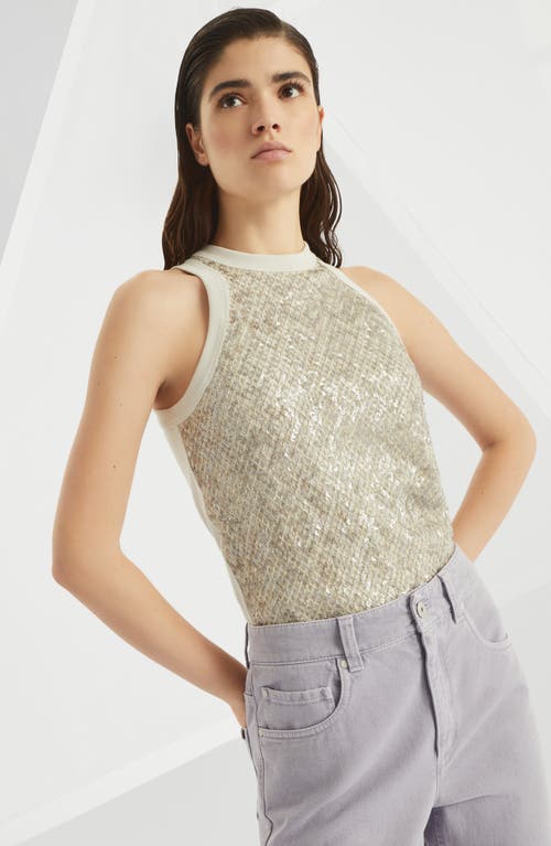 Brunello Cucinelli Stretch Cotton Jersey Top With Dazzling Net Embroidery In Gray