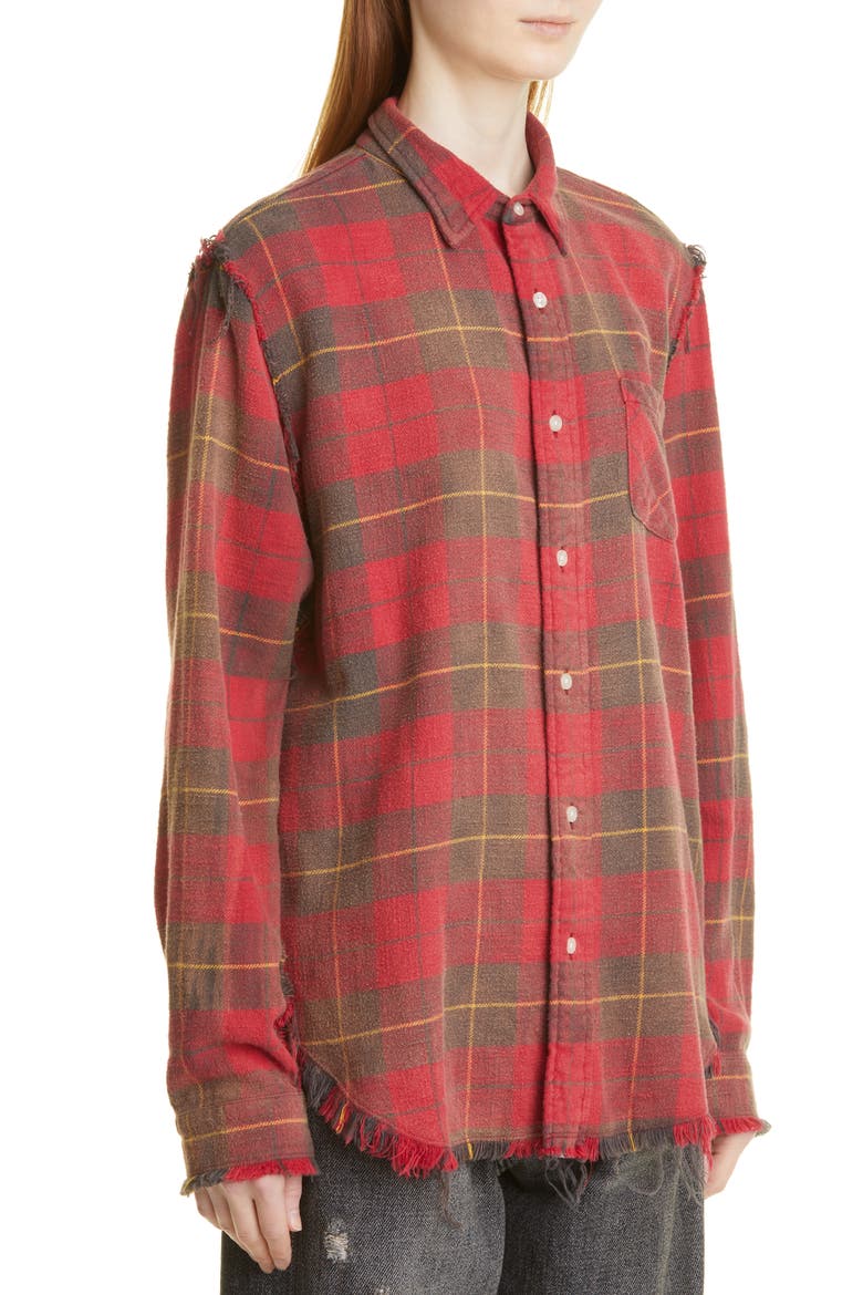 Shredded Seam Distressed Plaid Button-Up Shirt, Alternate, color, RED/ GREY PLAID