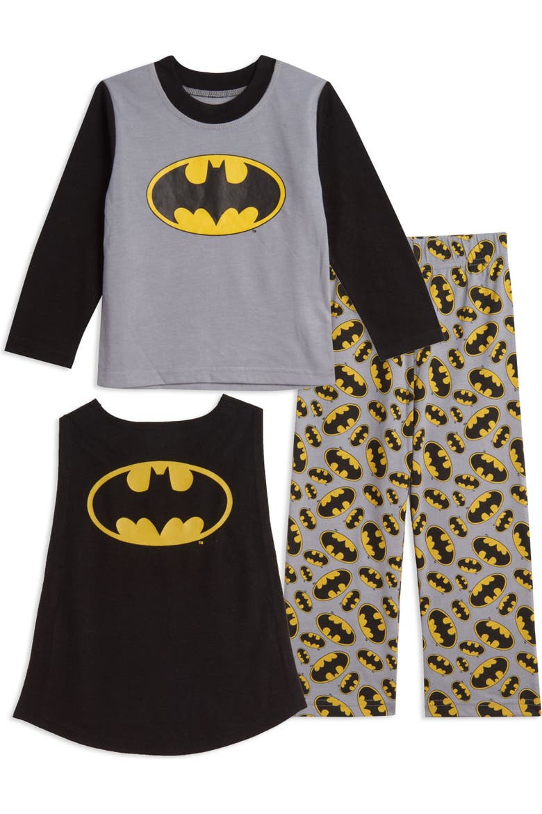 Justice League Batman 3 Piece Pajama Shirt Pants and Cape Set, Main, color, Batman Gray Black