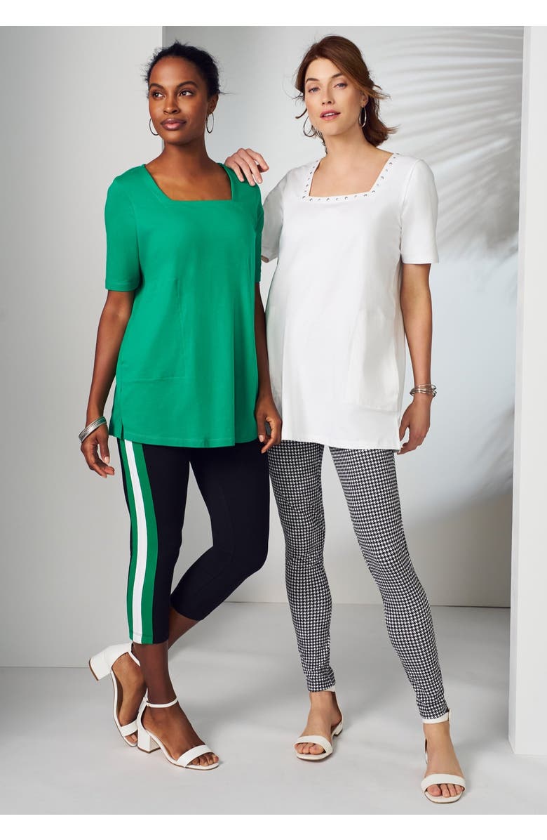 Jessica London Stretch Cotton Studded Square Neck Tunic, Alternate, color, White Silver Stud