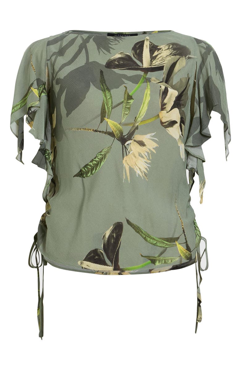 AllSaints Bettie Botanical Print Sleeveless Ruched Top, Alternate, color, Emerge Olive Green