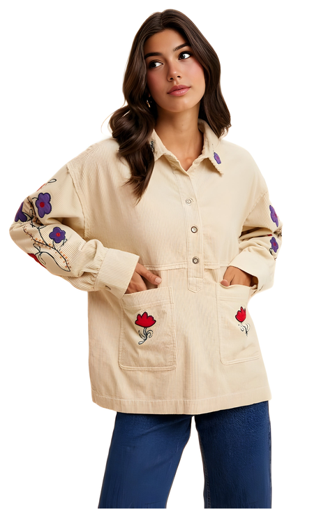Embroidered Floral Corduroy Button-Up Jacket