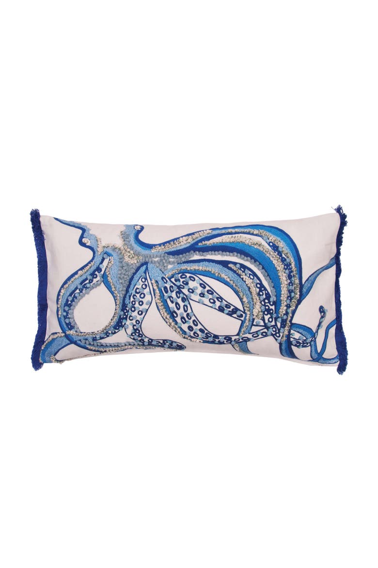 Octopus Embellished Fringed Throw Pillow, 12" x 24", Main, color, Blue