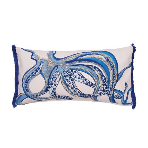 Octopus Embellished Fringed Throw Pillow, 12" x 24"