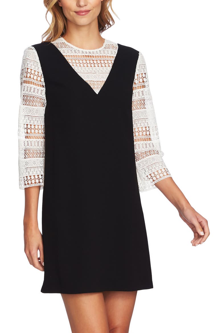 Mixed Media Shift Dress, Alternate, color, RICH BLACK