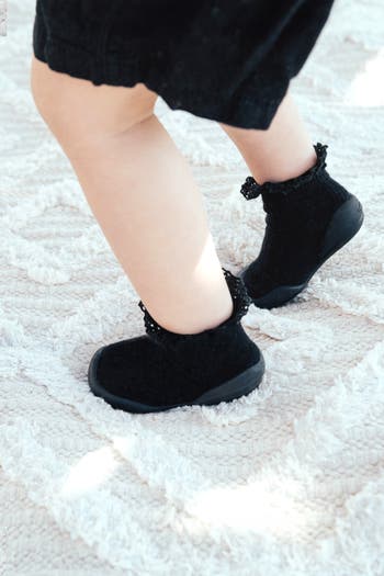 Toddler Girl Sock Shoes Lace Trim - Black