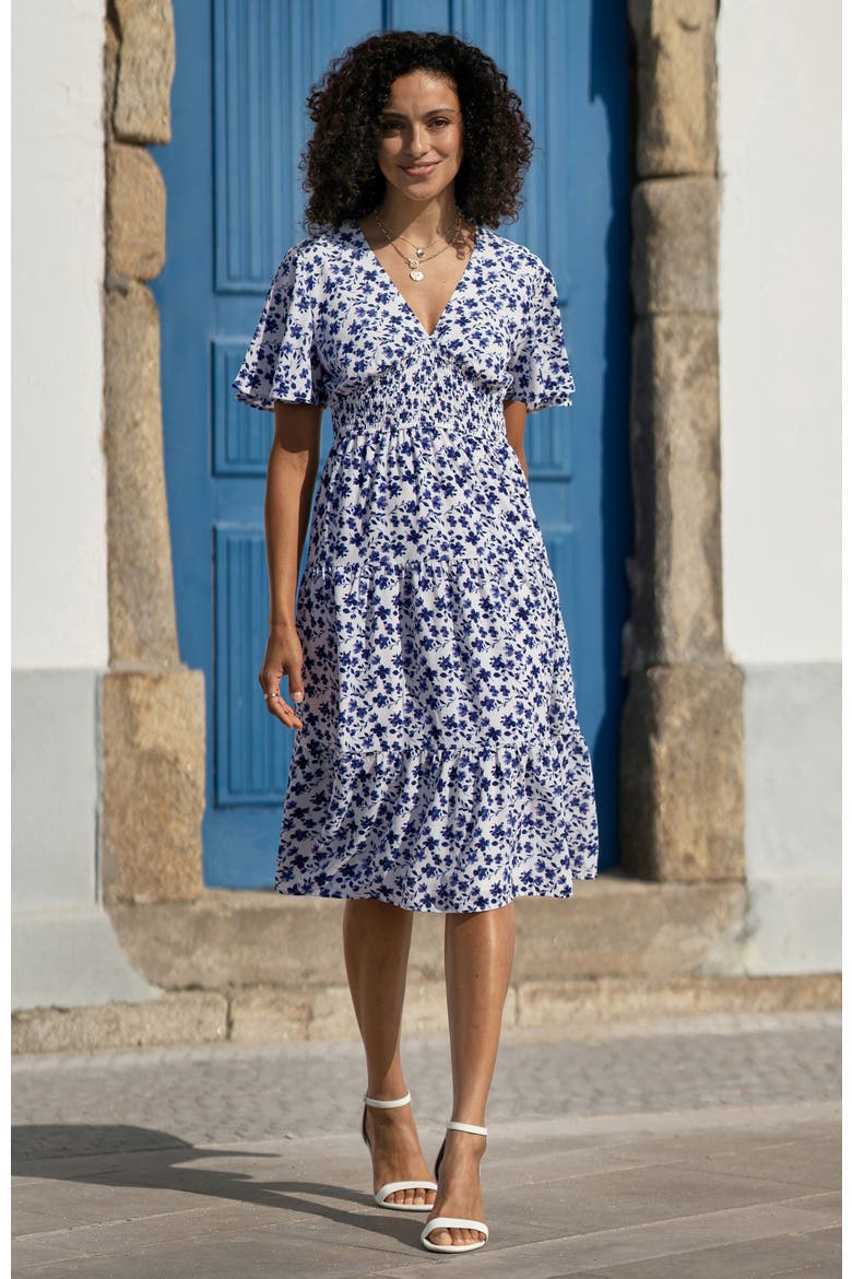 Floral Angel Sleeve Midi Dress, Alternate, color, White