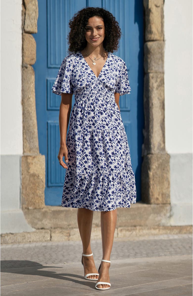 Yumi Floral Angel Sleeve Midi Dress, Alternate, color, White