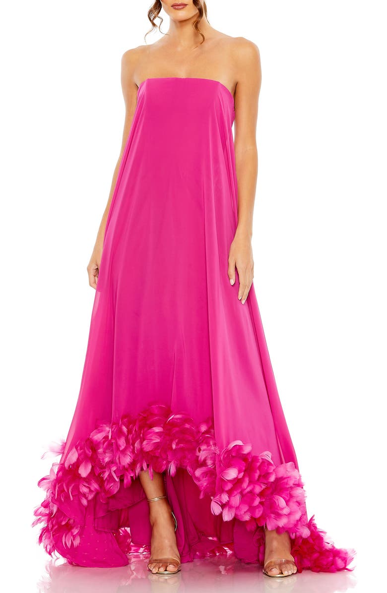 Mac Duggal Strapless Flare Feather Hem Gown, Main, color, Fuchsia