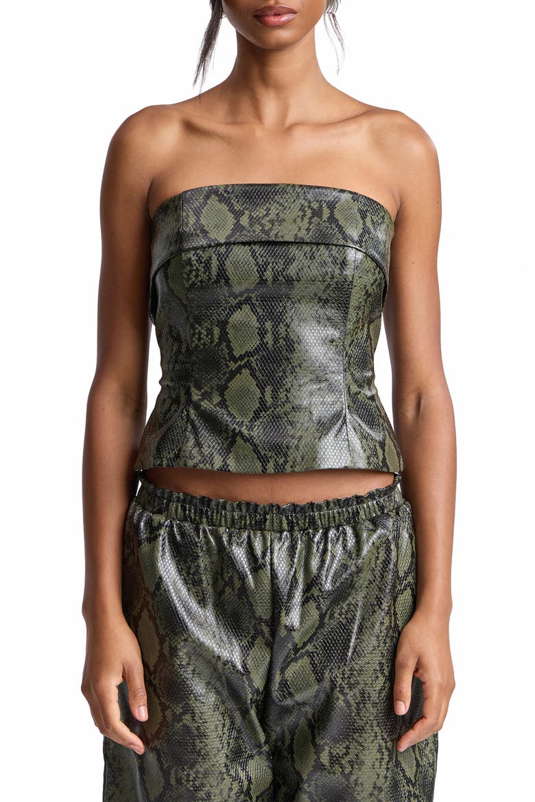 Python Print Faux Leather Strapless Top, Main, color, GREEN PYTHON