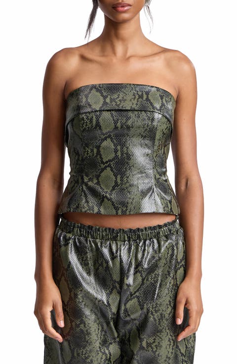 Python Print Faux Leather Strapless Top