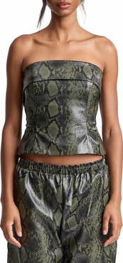 Avec Les Filles Python Print Faux Leather Strapless Top