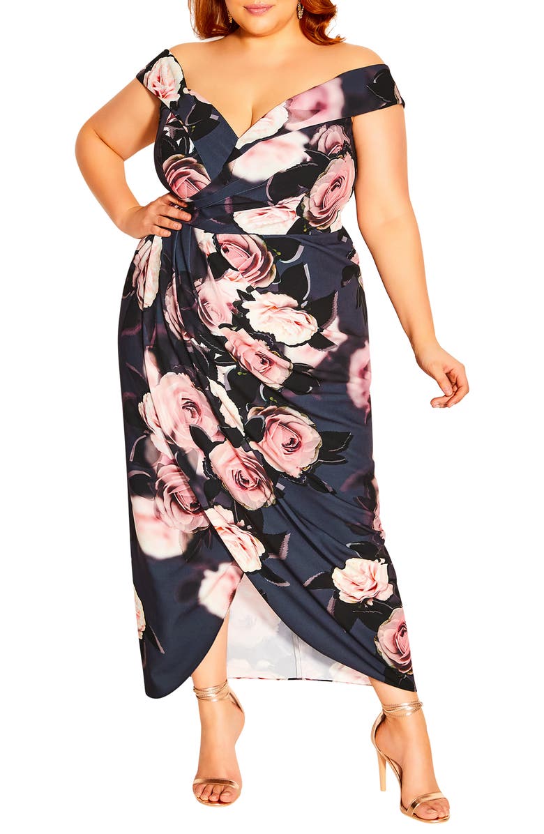 City Chic Sweet Love Floral Tulip Hem Off the Shoulder Dress, Main, color,