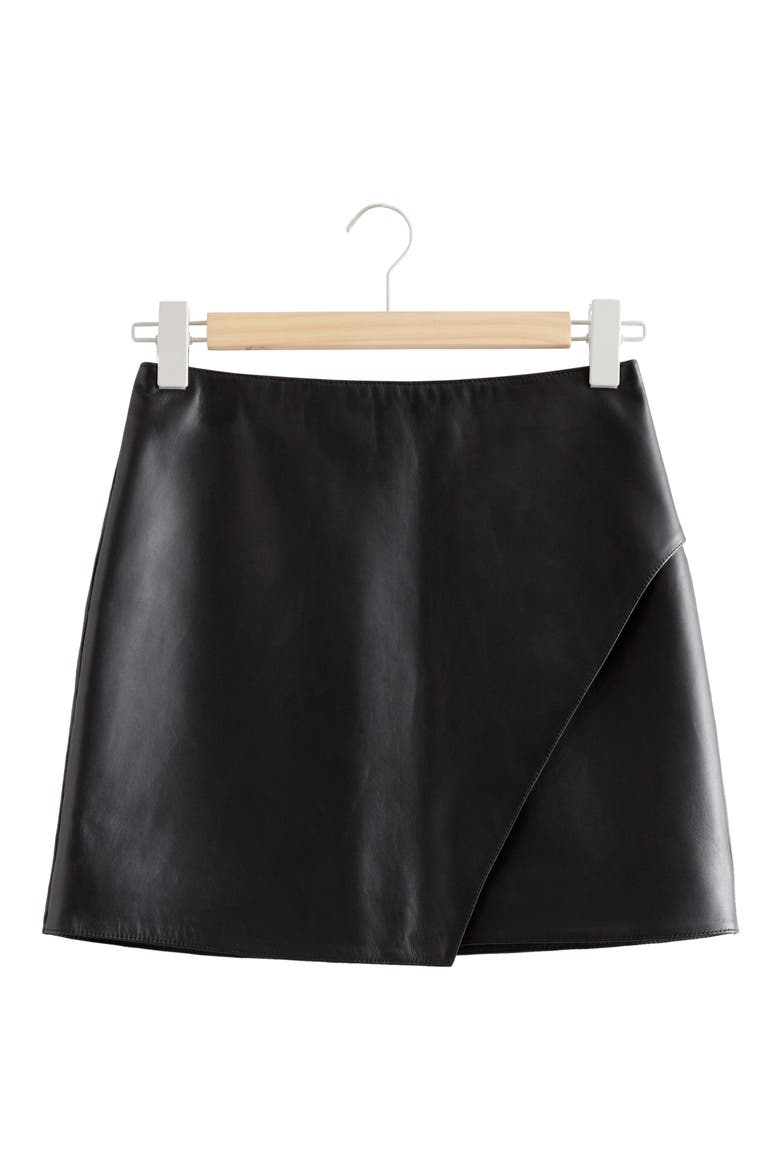Asymmetric Overlap A-Line Leather Miniskirt, Alternate, color, BLACK