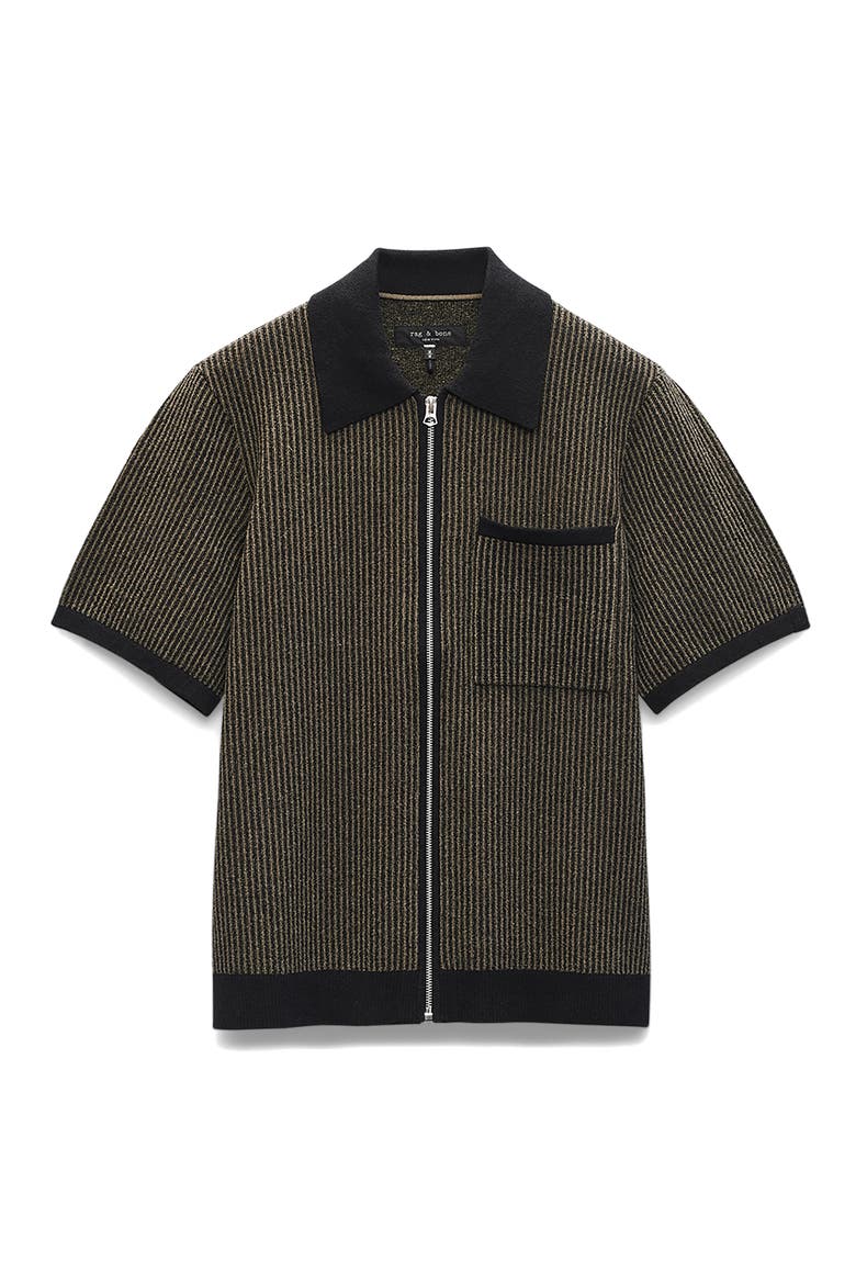 Zuma Jacquard Stripe Short Sleeve Knit Zip-Up Shirt, Alternate, color, BLACK