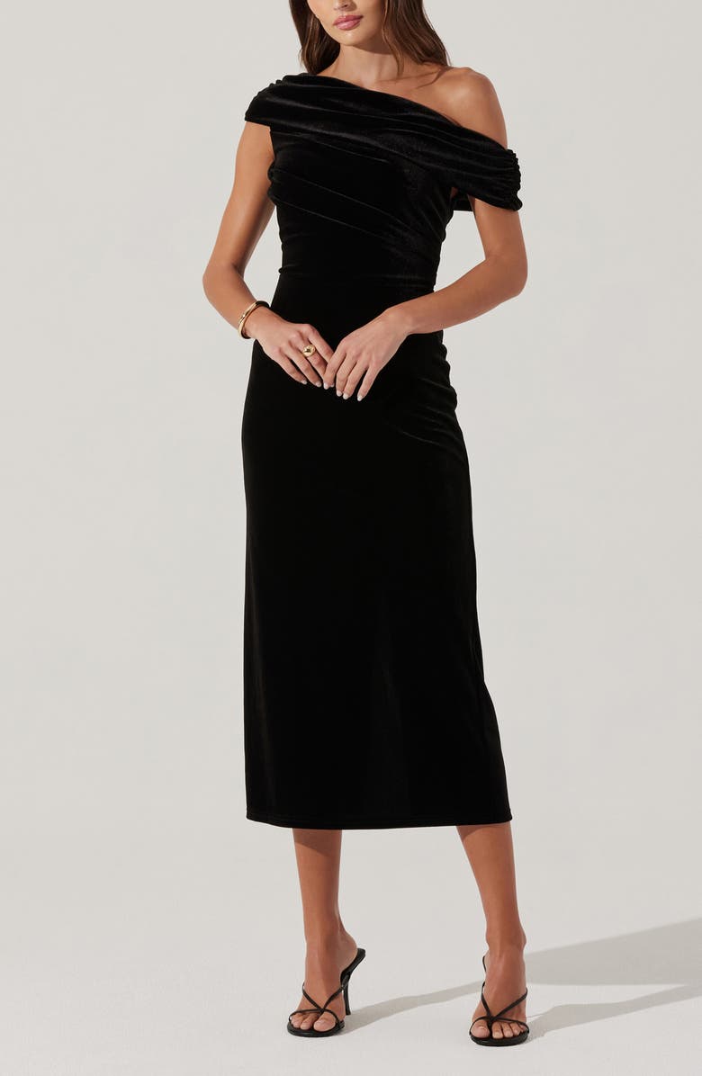 ASTR the Label One-Shoulder Velvet Midi Dress, Alternate, color, Black