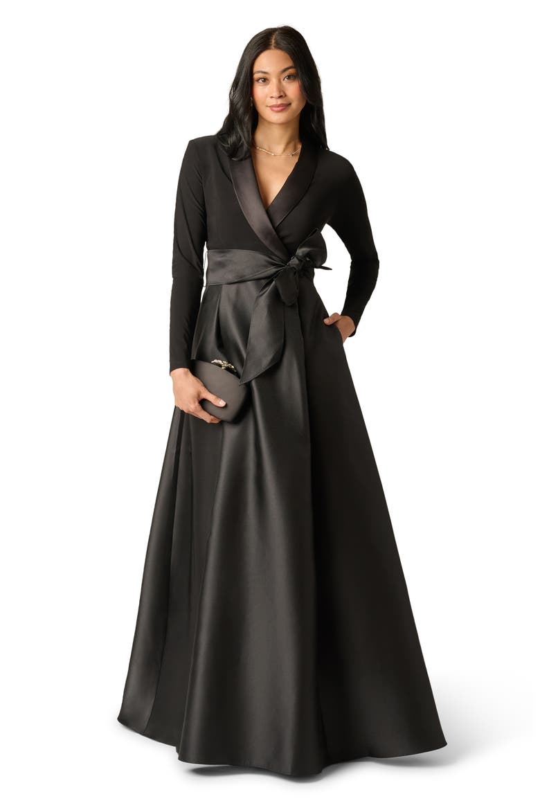 Mixed Media Long Sleeve Tuxedo Gown, Alternate, color, BLACK