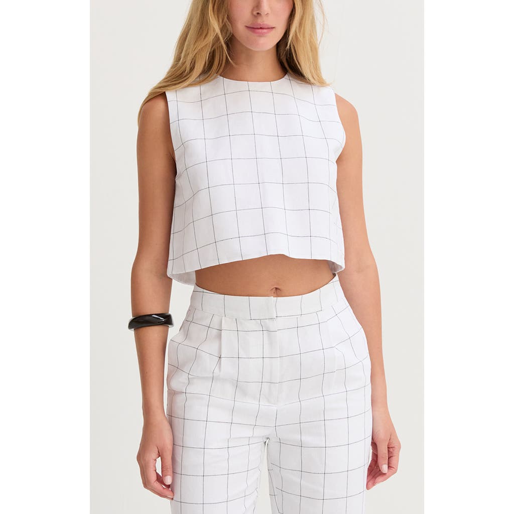 Crescent Windowpane Semi Cropped Linen Top In White