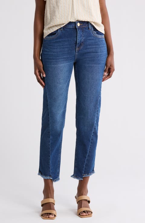 Diagonal Stitch Frayed Hem Jeans (Blue Indigo)