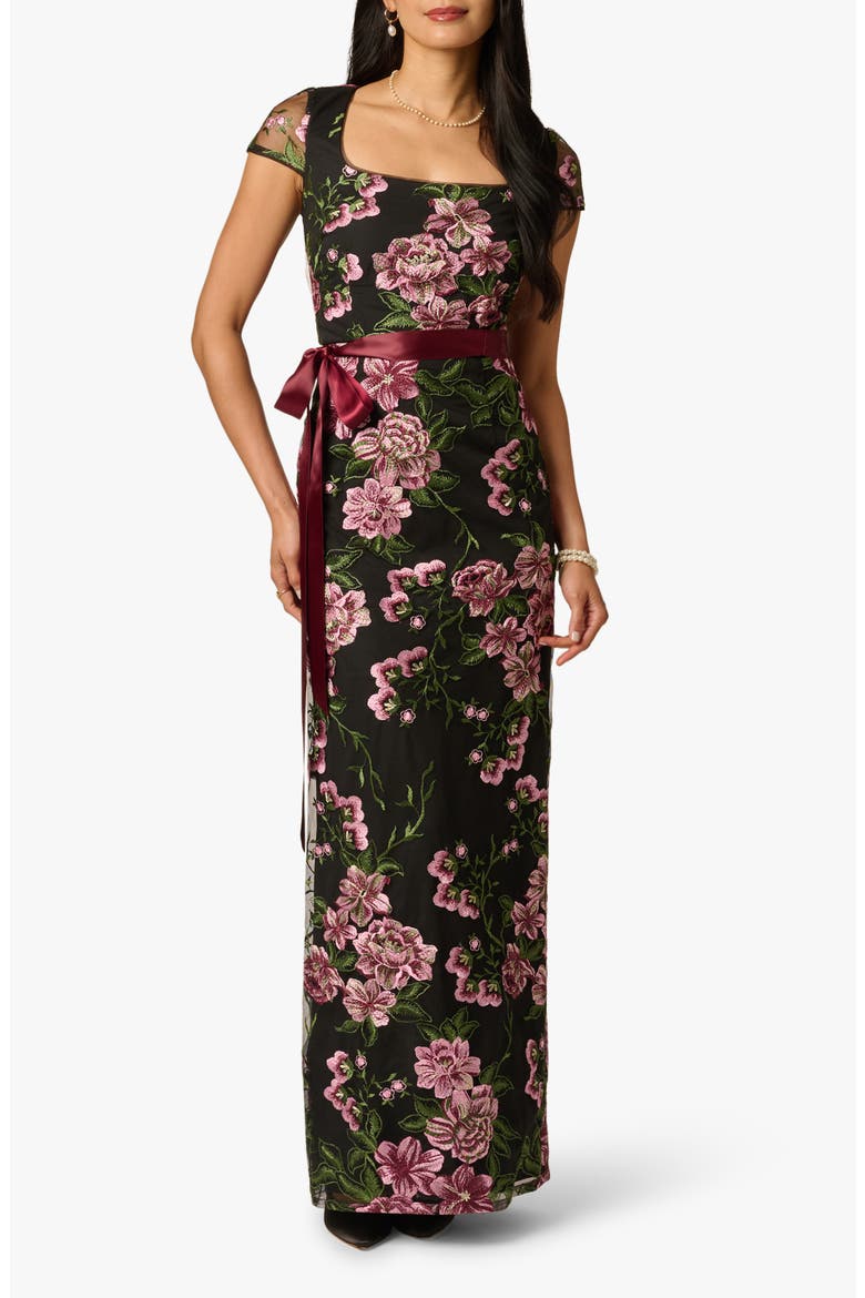 Embroidered Floral Column Gown with Ribbon Tie Belt, Main, color, BLACK MULTI