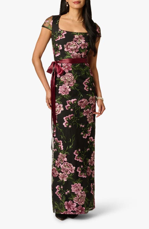 Embroidered Floral Column Gown with Ribbon Tie Belt