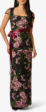 Adrianna Papell Embroidered Floral Column Gown with Ribbon Tie Belt