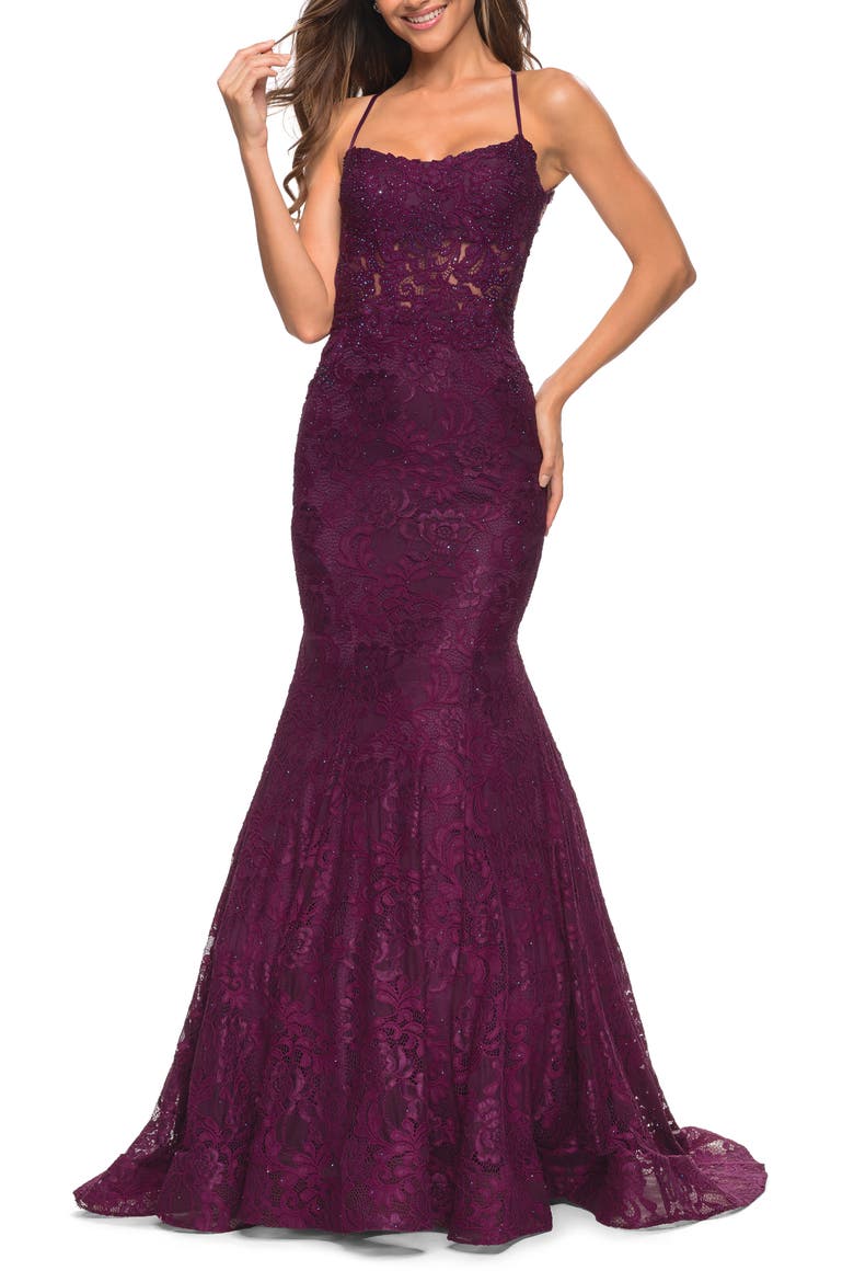 Mermaid Lace Gown with Sheer Bodice and Open Back, Main, color, DARK BERRY