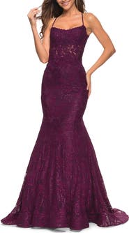 La Femme Mermaid Lace Gown with Sheer Bodice and Open Back