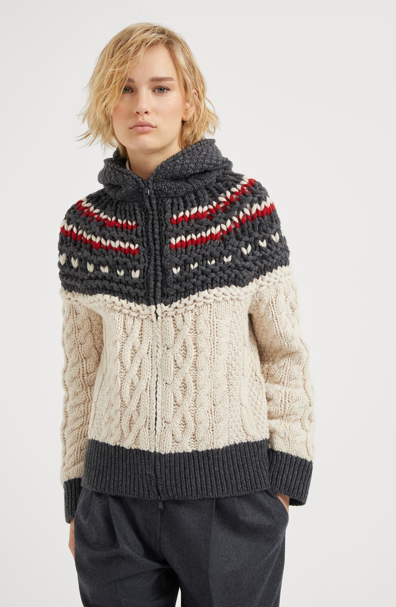 Brunello Cucinelli Handmade Mountain Cables OPERA cardigan in cashmere Feather yarn with hood, Alternate, color, 