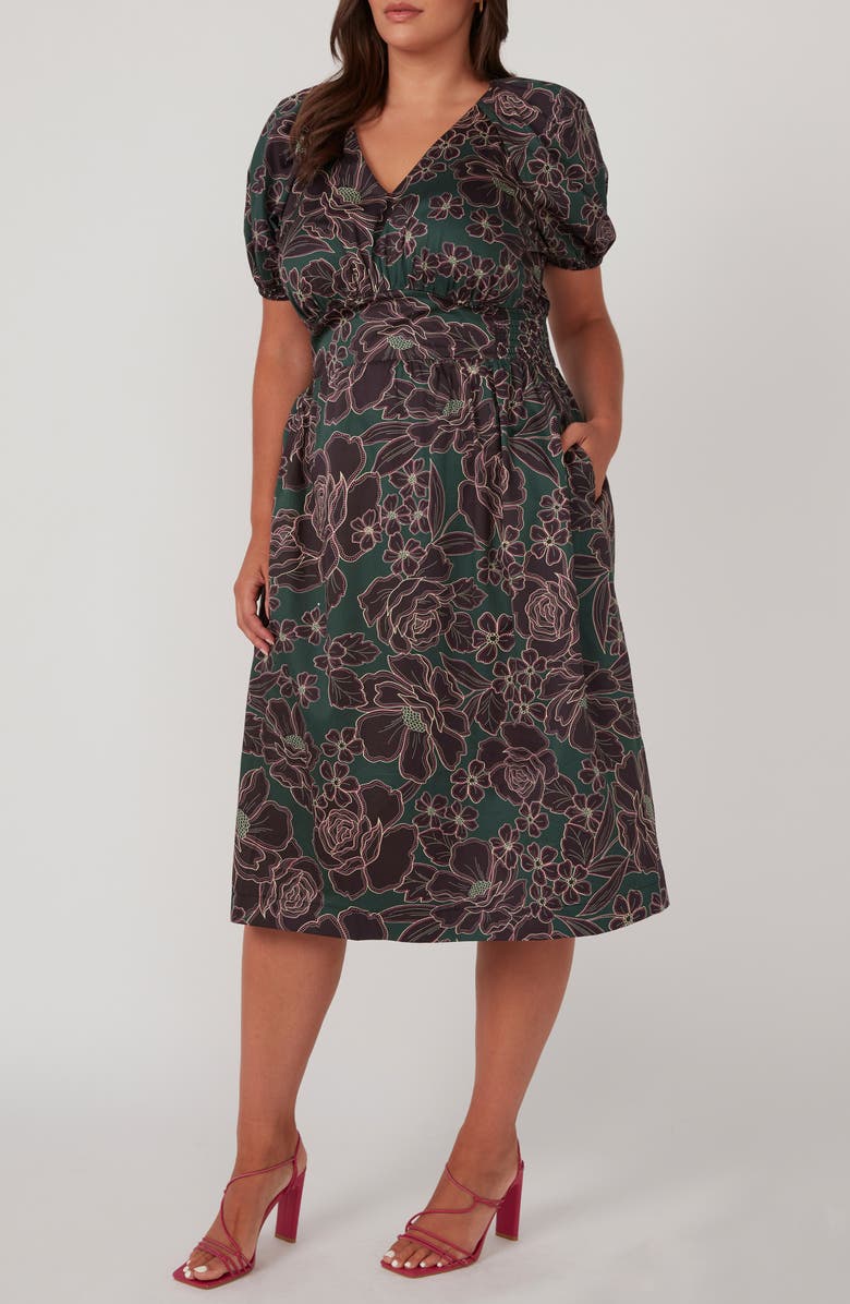 Estelle Wild Floral Puff Sleeve Midi Dress, Alternate, color, Green Print