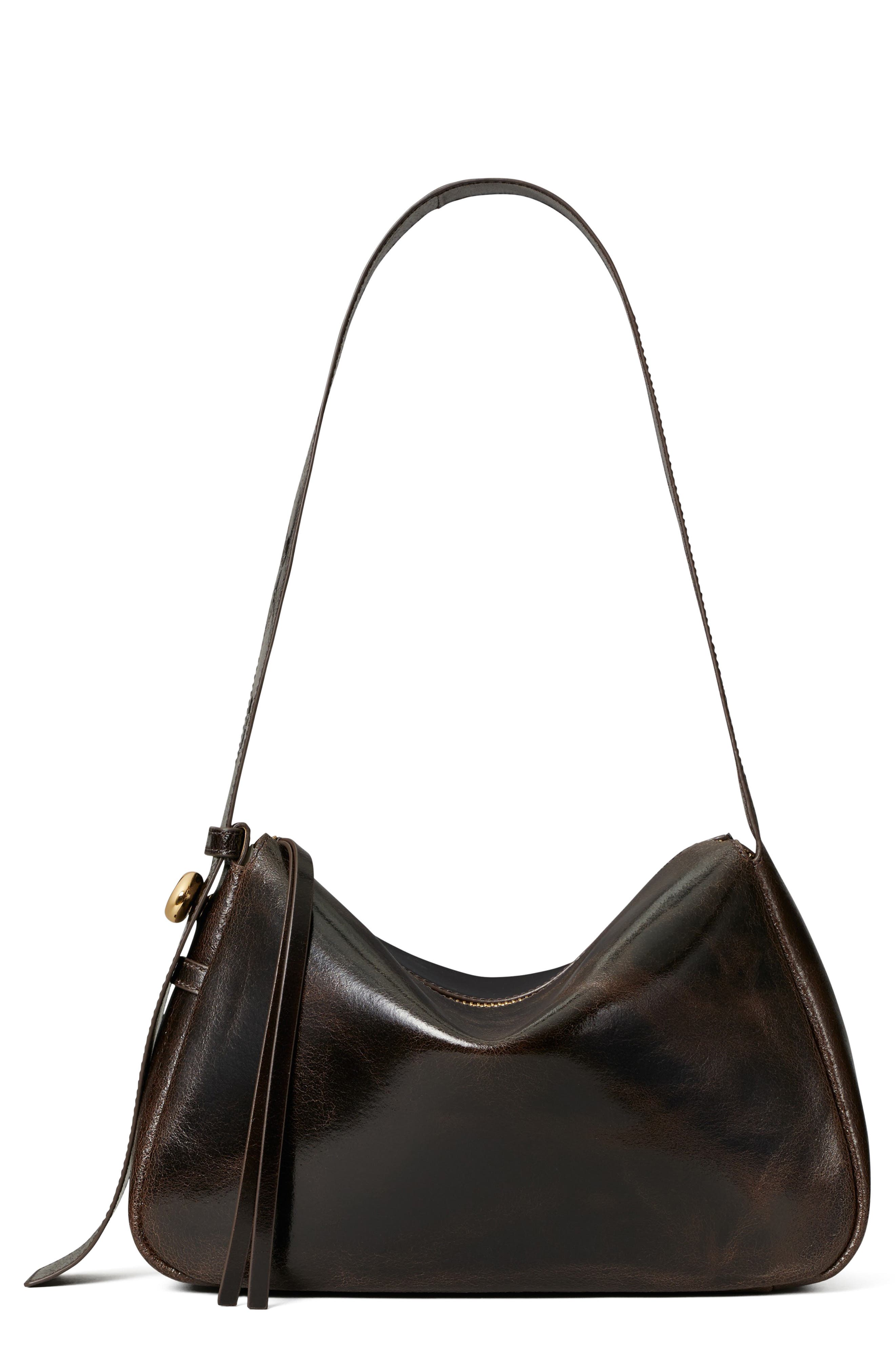 Romy Distressed Leather Shoulder Bag, Main, color, DARK BROWN