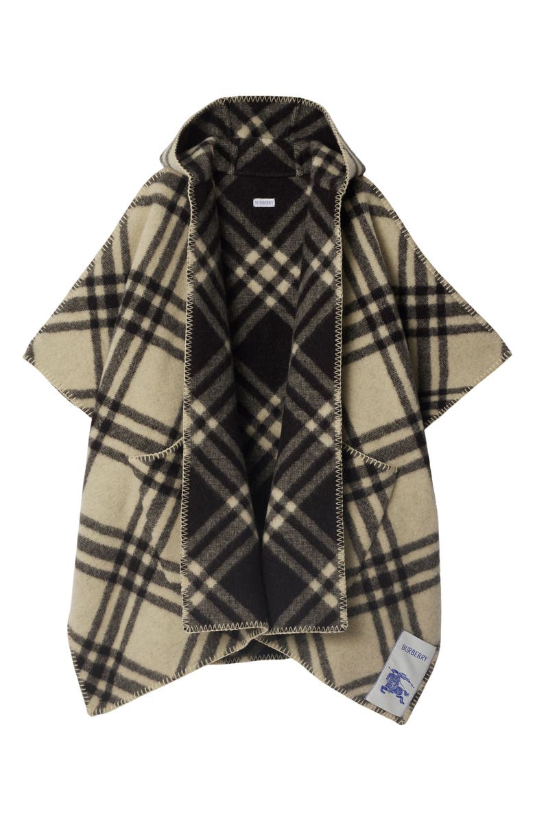 Burberry Catherine Tie Bar Check Hooded Wool Cape, Alternate, color, 
