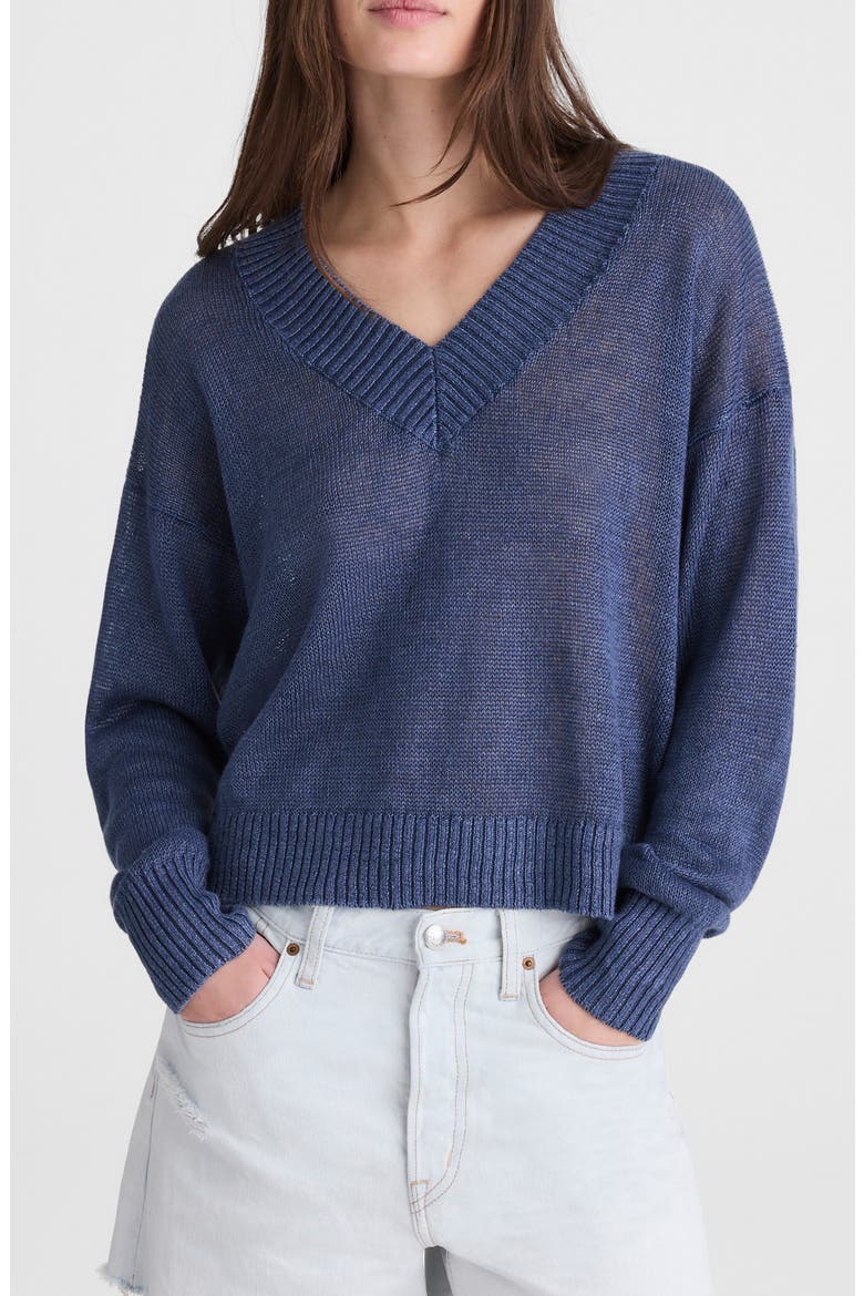 Arline Linen V-Neck Pullover, Main, color, PETROL NAVY