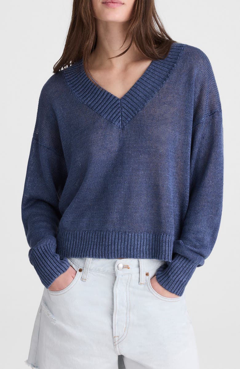 Madewell Arline Linen V-Neck Pullover, Main, color, Petrol Navy