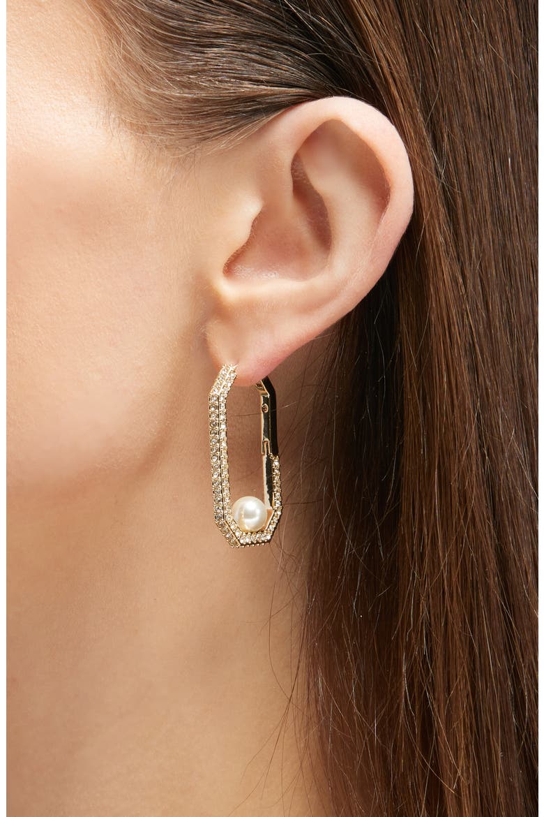 Pavé & Faux Pearl Hexagonal Hoop Earrings, Alternate, color, PEARL/ GOLD