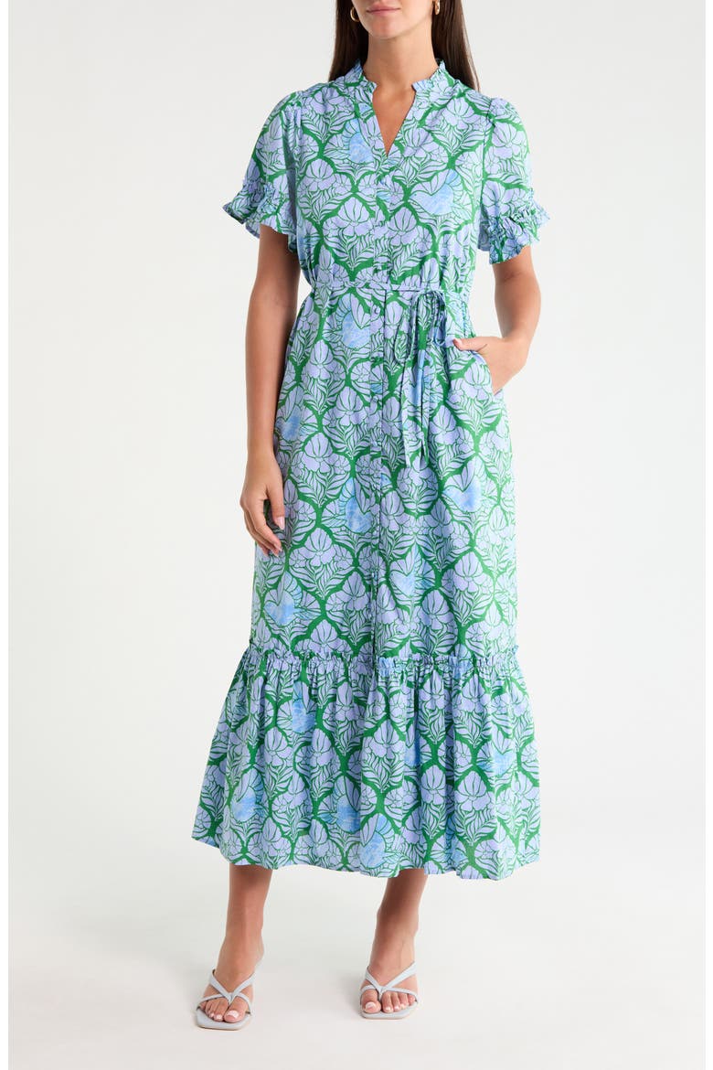Alna Floral Ruffle Trim Button-Up Midi Dress, Main, color, EMERALD-BLUE