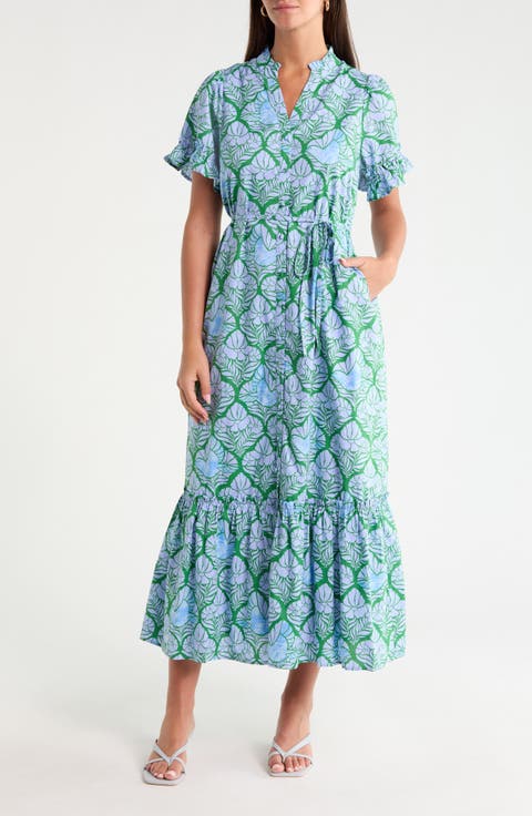 Alna Floral Ruffle Trim Button-Up Midi Dress