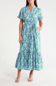 SUGARLIPS Alna Floral Ruffle Trim Button-Up Midi Dress
