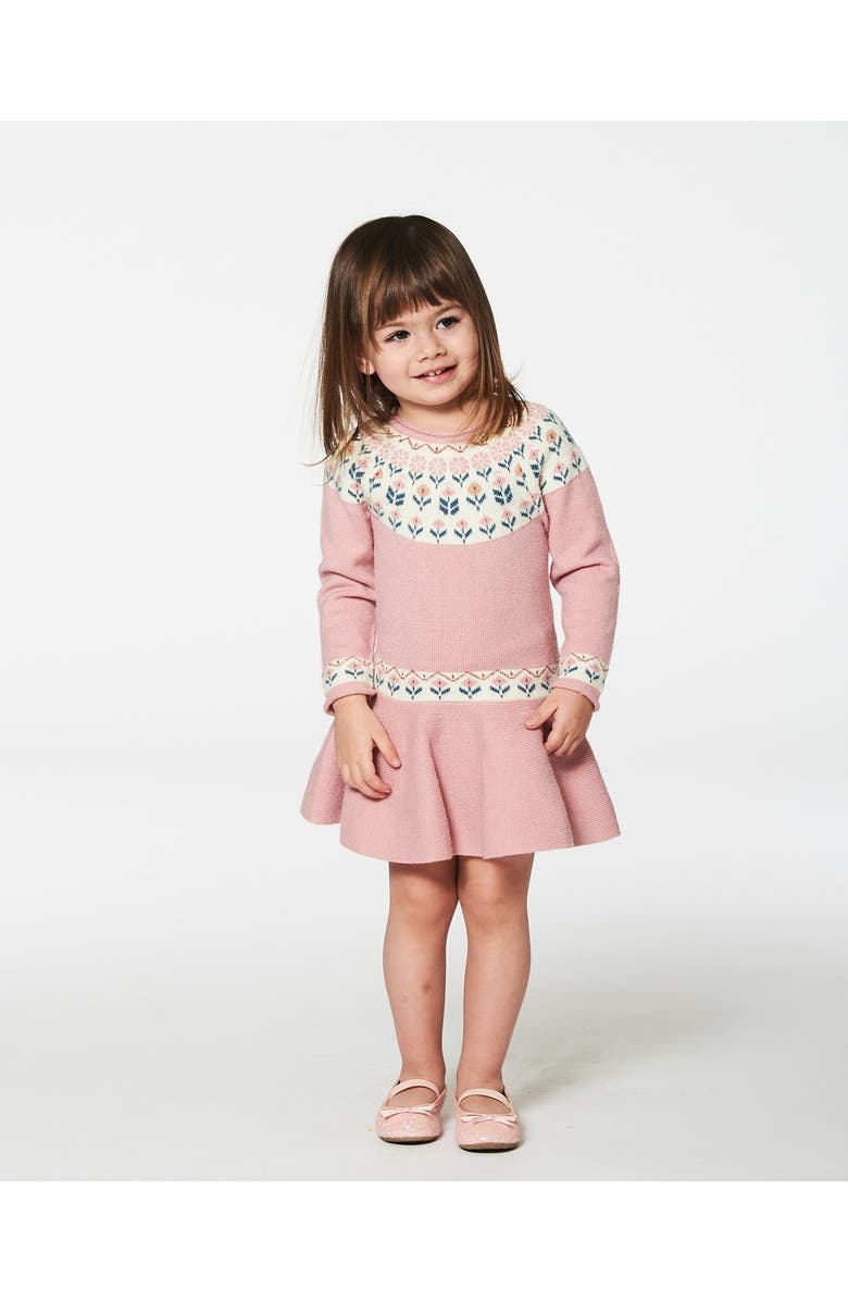 Deux par Deux Girl's Knit Dress With Round Intarsia Flowers Light Pink, Alternate, color,