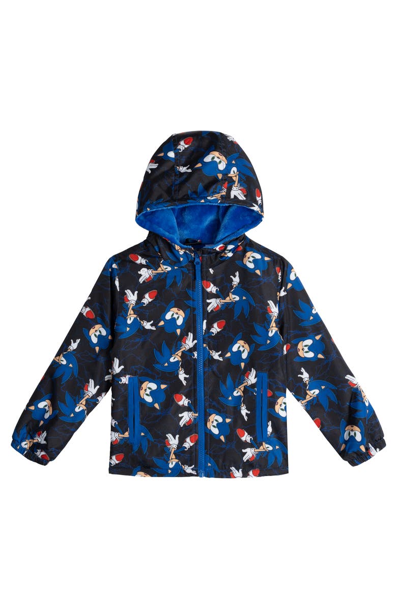 SEGA Sonic the Hedgehog Fleece Lined Rain Jacket, Main, color, Black Blue Sonic