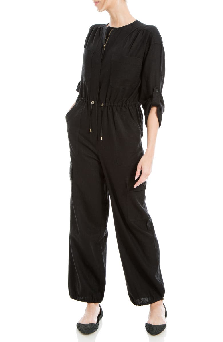 MAX STUDIO Drawcord Waist Long Sleeve Cargo Jumpsuit, Alternate, color, Black