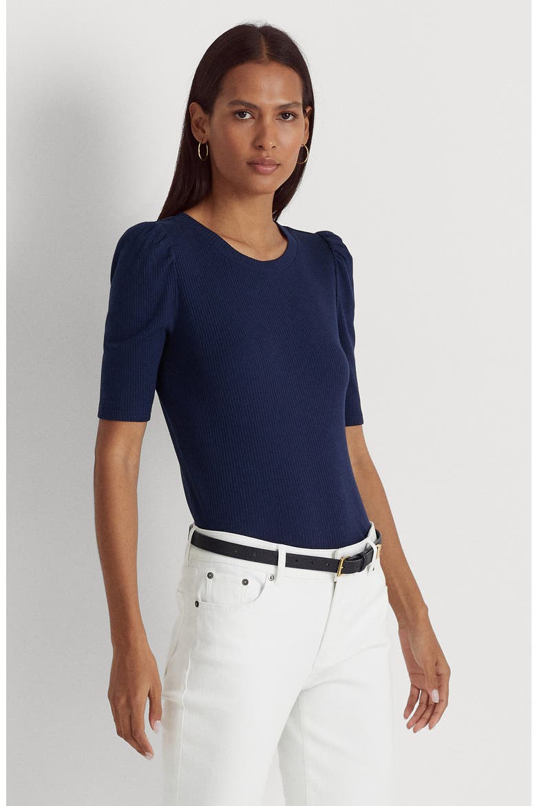Puff Sleeve Rib Knit Top, Alternate, color, REFINED NAVY