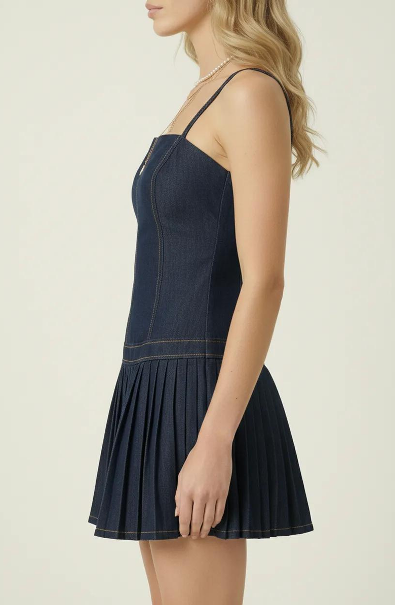 Modenaire Spaghetti Strap Pleated Denim Mini Dress, Alternate, color, Dark Blue